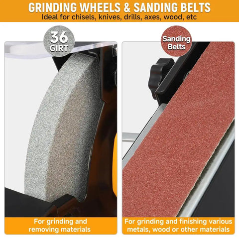 Tough As Nails 2 IN 1 Bench Grinder And 2X27 Inch Belt Sander Combo showing 36 grit grinding wheel and sanding belt.