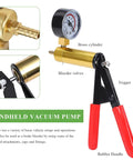Grease Monkey Approved Single Handed Brake Bleeder Vacuum Pump Kit With Precision Gauge Adapters And Rugged Carry Case showing brass cylinder and rubber handle.