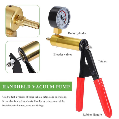 Grease Monkey Approved Single Handed Brake Bleeder Vacuum Pump Kit With Precision Gauge Adapters And Rugged Carry Case showing brass cylinder and rubber handle.