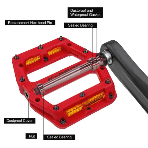Night Ride Ready Platform Pedals With Reflective Strips Universal Nine Sixteen Inch Nylon Fiber MTB BMX Pedals Three Bearing Non Slip Lightweight Red Bike Pedals For All Terrain shown with parts labeled including sealed bearings and dustproof cover