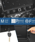 Close-up of Fast Access Fingerprint Gun Safe For Pistols With Quick Open Automatic Door Biometric Lock Box highlighting keypad and key access.