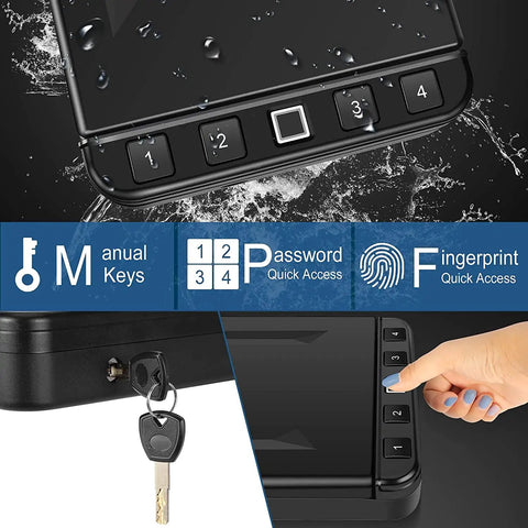 Close-up of Fast Access Fingerprint Gun Safe For Pistols With Quick Open Automatic Door Biometric Lock Box highlighting keypad and key access.