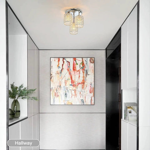 Hallway with Dope Crystal Semi Flush Mount Ceiling Light With Three Lights, Modern Chrome Finish Crystal Chandelier installed