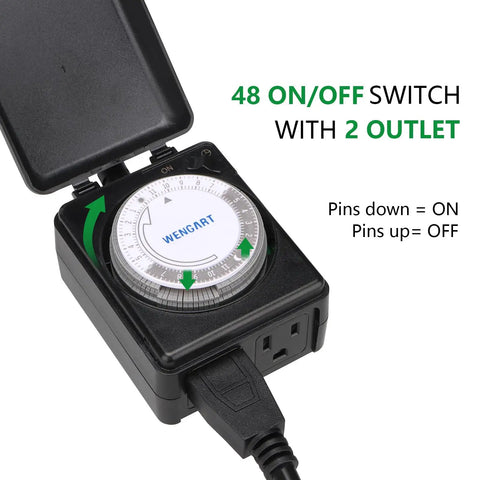 Badass All Weather Outdoor Mechanical Timer With Dual Grounded Outlets Weatherproof Flip Cover showing timer dial with 2 outlets.