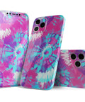 Full Body IPhone Skin Decal Wrap Kit With Spiral Tie Dye Pattern V5 Soft Touch Finish Bubble Free Air Release Adhesive For Snug Protection Without Bulk, showcasing front and back views of the vibrant design on iPhone 11.