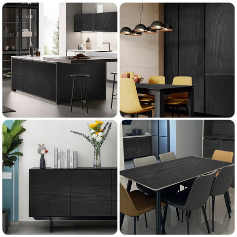 Black Wood Grain Removable Peel And Stick Wallpaper Roll For DIY Home Makeovers on kitchen cabinets and dining table surfaces