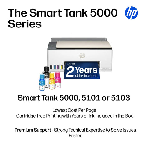 Refillable All In One Wireless Printer For Home Office With Scanner And Copier EcoTank Alternative Cartridge Free Printing With Two Years Of Ink Included shown with ink bottles next to it.