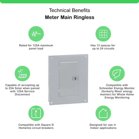 Technical benefits of the Homeline 100 Amp Indoor Main Breaker Box Load Center With Plug On Neutral, 12 Space 24 Circuit, 120/240 VAC shown.