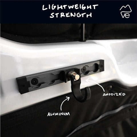 Spring Loaded L-Track Gear Hook Set, Adjustable Base, Heavy-Duty 100 lb Break Strength, 25 lb Working Load, installed on rail