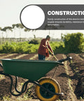 Person working in a garden with green wheelbarrow and shovel