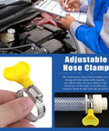 Close-up of adjustable hose clamps set with yellow plastic handle, ideal for automotive and plumbing projects, displayed next to a car engine.