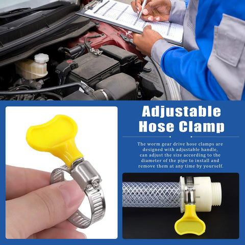 Close-up of adjustable hose clamps set with yellow plastic handle, ideal for automotive and plumbing projects, displayed next to a car engine.
