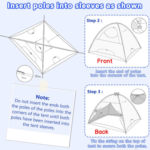Zero Hassle Snap Together Blackout Tent For Pack And Play assembly diagram, showing pole insertion for lightweight tent setup.
