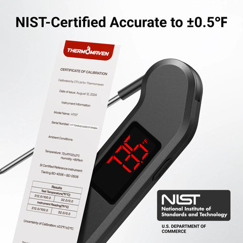 Instant Read Digital Meat Thermometer With 1 Second Response 0.5F Accuracy NIST And NSF Certified shown with certificate