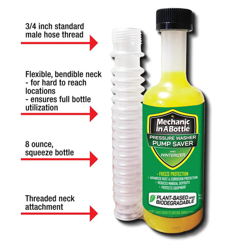 biodegradable pressure washer winterizer with flexible hose and 8 oz bottle, fights rust and corrosion for pressure washer maintenance