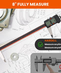 HARDELL 8-inch digital caliper with LCD display on engineering blueprint background.