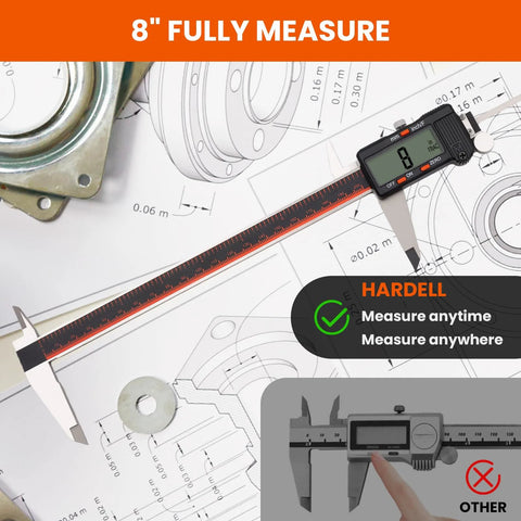 HARDELL 8-inch digital caliper with LCD display on engineering blueprint background.