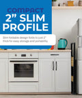 Two Step Folding Ladder With Bamboo And Black Aluminum, Ultra Slim Profile shown in kitchen setup for easy storage