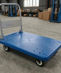 Heavy Duty Folding Transport Cart With Aluminum Handle And Rugged Deck For Easy Box Hauls In Warehouses Labs And Classrooms Four Wheel Push Cart For Daily Use And Reliable Smooth Mobility, blue deck view