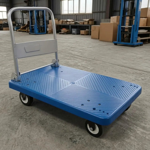 Heavy Duty Folding Transport Cart With Aluminum Handle And Rugged Deck For Easy Box Hauls In Warehouses Labs And Classrooms Four Wheel Push Cart For Daily Use And Reliable Smooth Mobility, blue deck view