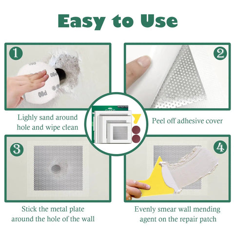 DIY Drywall Patch Kit With Self Adhesive Aluminum Mesh Patches In 4 6 8 Inch Sizes For Holes In Walls And Ceilings Ten Pack Includes Scraper And Sandpaper For Plaster And Drywall Repair