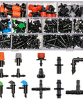 Front view of a 204-piece plastic barbed irrigation fittings kit for 1/4-inch tubing in a clear organizer.
