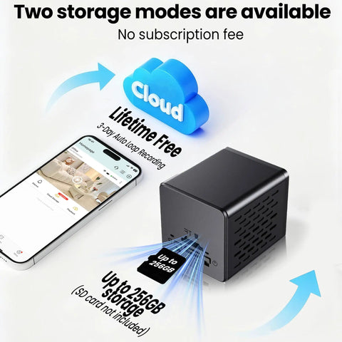 Upgraded 4K Spy Camera With 5GHz WiFi Long Battery Life Night Vision Motion Alerts Free Cloud Storage Wireless Indoor Nanny Cam For Home Security Real Time Alerts With Cloud Backup showing cloud and SD card storage options.