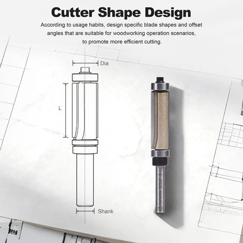 Diagram and photo of Top And Bottom Bearing Flush Trim Router Bits Set 1/4 Inch Shank For Laminate And Template Work with dimensions