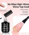 Bottle of Pink Builder Gel No Wipe Gel Top Coat Shine Finish, brush application on nail, 15ml, prevents chipping for natural nails
