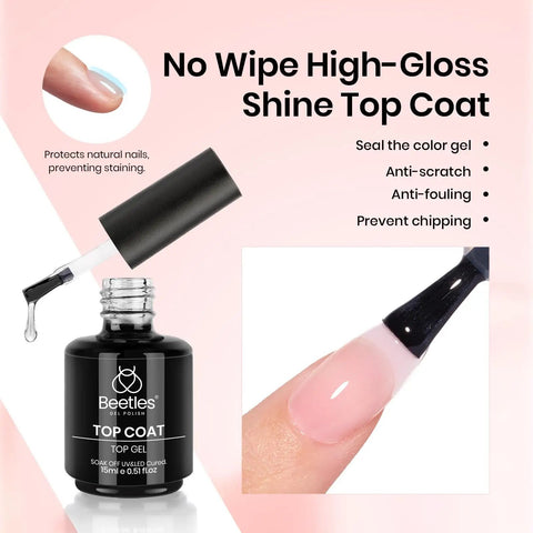 Bottle of Pink Builder Gel No Wipe Gel Top Coat Shine Finish, brush application on nail, 15ml, prevents chipping for natural nails
