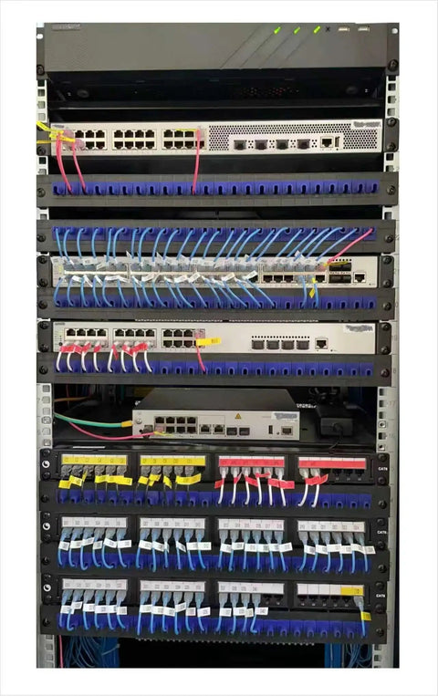 1U 19 Inch Rack Mount Cable Management System With Horizontal Duct Raceway And 24 Finger Channel Organizer in server rack setup