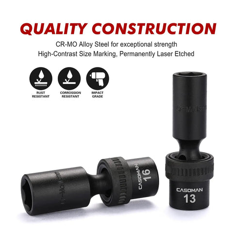 Three Eighths Inch Drive Deep And Standard Universal Impact Socket Set, 6 Point, CR-MO Steel, Metric 10 To 19mm, Black Phosphate Finish