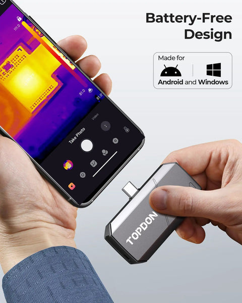 256x192 IR Thermal Camera For Android With 9mm Adjustable Focus Lens Night Vision Monocular Infrared Imager shown connected to smartphone