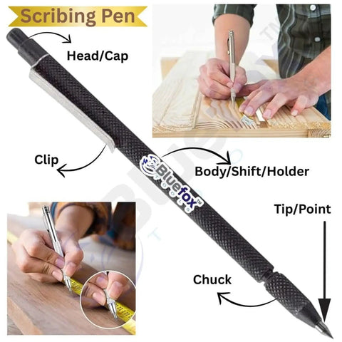 Tough As Nails Tungsten Carbide Scribing Pen, Lightweight Metal Engraver with slide pocket clip used on wood for precise marking.