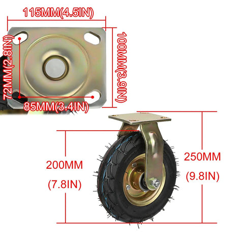 Beefy Heavy Duty Swivel Caster Wheels With Side Brakes Double Ball Bearing Rubber Wheels shown with size dimensions