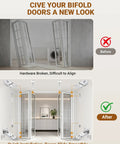 Before and after use of Heavy Duty Bifold Door Hardware Repair Kit 2 Pack for Bi Fold Sliding Closet Doors Replacement Parts With Top And Bottom Brackets Pivots And Guide Wheels Includes Mounting Screws For Folding Pocket And Accordion Doors, demonstrating smooth door alignment and installation.