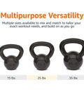 Rock Solid Cast Iron Kettlebell Thirty Five Lb Weight With Wide Comfort Grip shows 15 lb, 25 lb, and 35 lb kettlebells for versatile workouts.