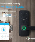 5 In 1 Keyless Entry Smart Lock With Handle For Bedroom And Front Door No Key Fumbles Fingerprint Passcode TTLock App RFID Card Or Mechanical Key Auto Lock Guest Codes Easy DIY Install For Home Office Airbnb installed on a door with smartphone app.