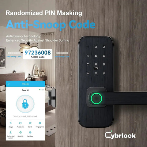 5 In 1 Keyless Entry Smart Lock With Handle For Bedroom And Front Door No Key Fumbles Fingerprint Passcode TTLock App RFID Card Or Mechanical Key Auto Lock Guest Codes Easy DIY Install For Home Office Airbnb installed on a door with smartphone app.