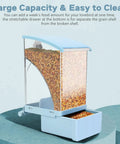No Sweat Hassle Free Automatic Bird Feeder With Green Comfort Perch For Cage shows clear acrylic seed dispenser with large capacity.