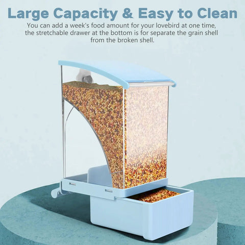 No Sweat Hassle Free Automatic Bird Feeder With Green Comfort Perch For Cage shows clear acrylic seed dispenser with large capacity.