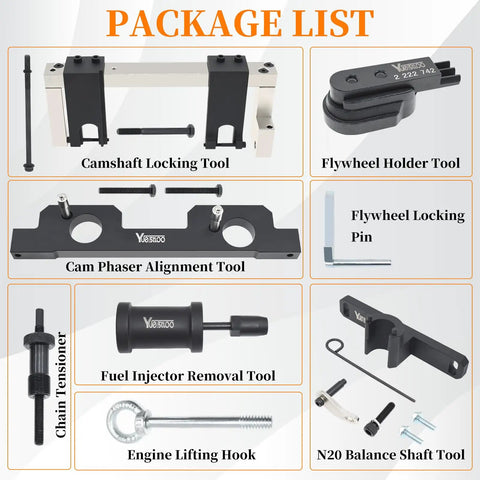 17 Piece Camshaft Alignment Timing Tool Kit For BMW N20 N26 Engines With Flywheel Holder Balance Shaft Tool Fuel Injector Removal Set Engine Lifting Hook Plus Comprehensive Tools Pack 212831 119340 212830 219548 package list with tools displayed.