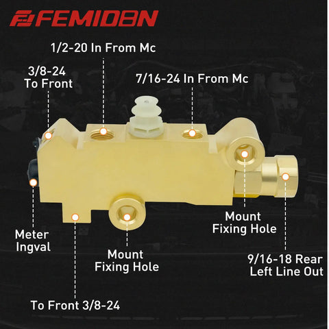 Brass Brake Proportioning Valve For Front Disc Rear Drum Setup, dual reservoir, solid brass construction, detailed angle view.