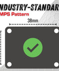 Heavy Duty Laser Cut Aluminum Four Hole Ampplates Base Mount showing AMPS pattern dimensions of 38mm x 30mm with a green check mark.
