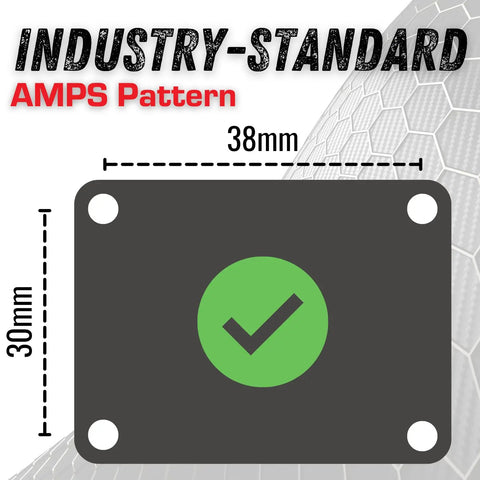 Heavy Duty Laser Cut Aluminum Four Hole Ampplates Base Mount showing AMPS pattern dimensions of 38mm x 30mm with a green check mark.