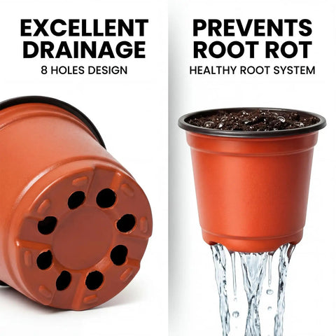100 Pack 4 Inch Plastic Nursery Pots With Drainage Holes And 100 Plant Labels For Seed Starting Seedlings And Small Flower Plants No Brainer Starter Kit For Your Home Garden Projects showing drainage holes and water flow.