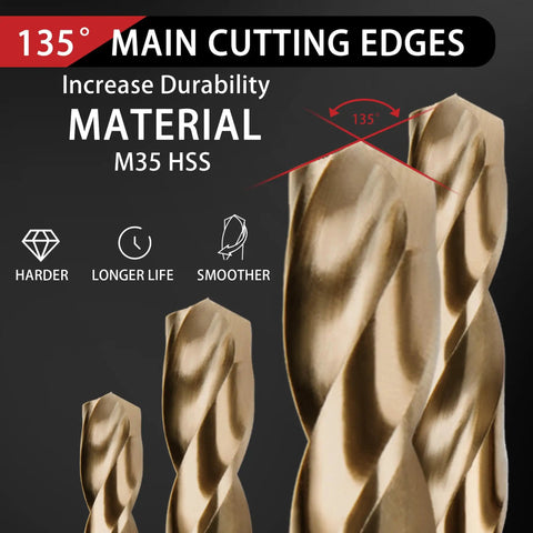 Close-up of 13-Piece Cobalt Drill Bit Set For DIY Pros M35 HSS 1/16 To 1/4 Inch 135 Degree Split Point Jobber Length Bits Kit