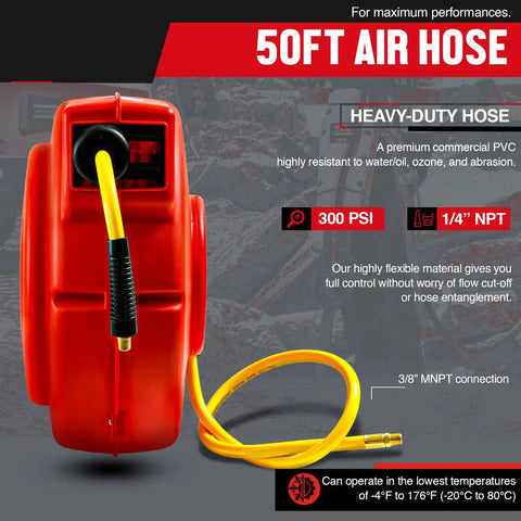 Retractable 3/8 Inch Air Hose Reel With 50 Foot PVC Hose, Heavy Duty Polypropylene Construction, 300 PSI Max displayed