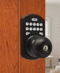 Titan Keyless Entry Door Lock with Backlit Keypad and Deadbolt on wooden door interior view