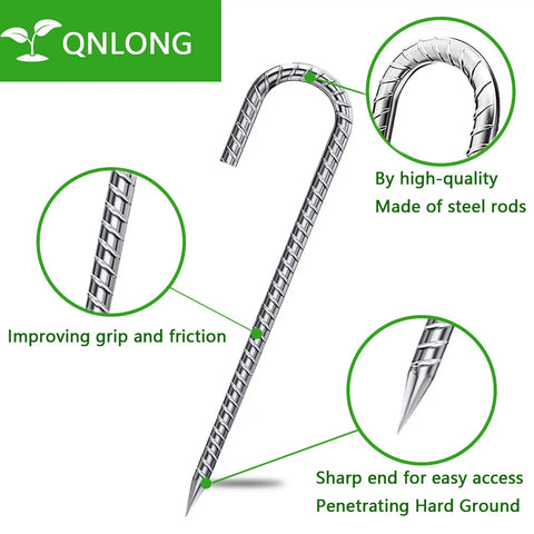 Heavy Duty 12 Inch Galvanized J Hook Ground Anchors Set Built To Last For Tents Plants Landscape Fabric And Artificial Turf Anti Rust Stakes That Stand Up To Wind And Weather, showing spiral design and pointed tip